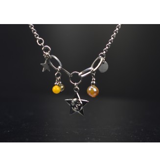 Collier soleil "jaune doré" en perles de verre et acier inoxydable