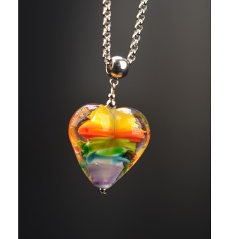 collier COEUR arc en ciel "multicolore" en verre filé au chalumeau - acier inoxydable