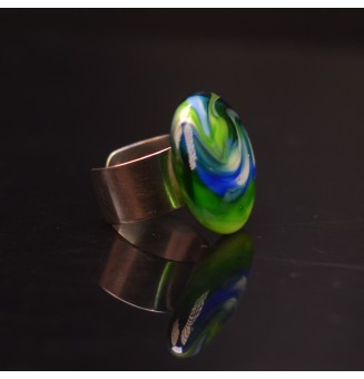 Bague en Verre filé artisanal , BLEU / VERT - en Acier Inoxydable - bijou artisanal