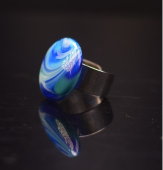 Bague en Verre filé artisanal , BLEU / VERT - en Acier Inoxydable - bijou artisanal