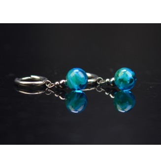 boucles d'oreilles bleu vert avec petite creoles en Acier Inoxydable avec perle de verre