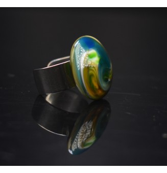 Bague en Verre filé artisanal , BLEU / VERT - en Acier Inoxydable - bijou artisanal