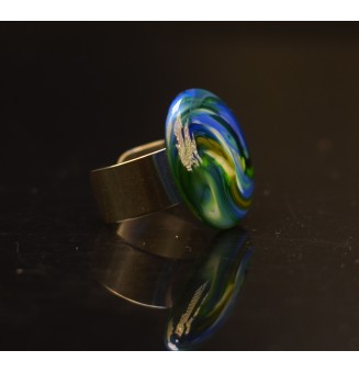 Bague en Verre filé artisanal , BLEU / VERT - en Acier Inoxydable - bijou artisanal