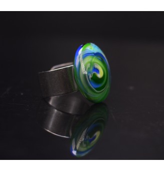 Bague en Verre filé artisanal , BLEU / VERT - en Acier Inoxydable - bijou artisanal