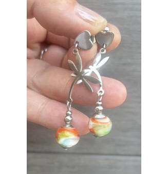 Boucles d'oreilles LIBELLULE "Mer des caraibes" perles de verre filé, crochets argent massif