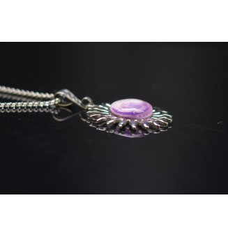 Collier Soleil en Acier Inoxydable avec Perle de Verre Filé Blanc et violet