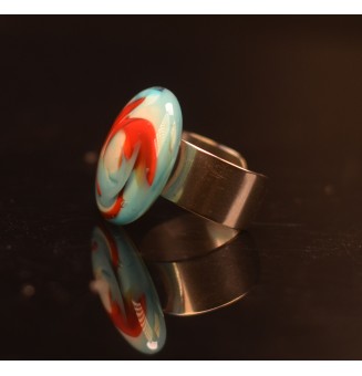 Bague en Verre filé artisanal , turquoise et rouge - en Acier Inoxydable - bijou artisanal