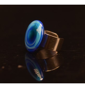 Bague en Verre filé artisanal , BLEU  - en Acier Inoxydable - bijou artisanal