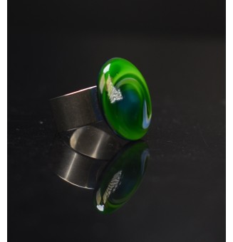 Bague en Verre filé artisanal , BLEU / VERT - en Acier Inoxydable - bijou artisanal