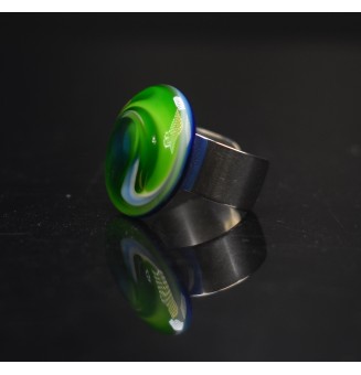 Bague en Verre filé artisanal , BLEU / VERT - en Acier Inoxydable - bijou artisanal