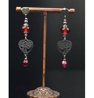 Boucles d'Oreilles "Coeur rubis et fuchsia" en Acier Inoxydable et Perles de Verre Filé