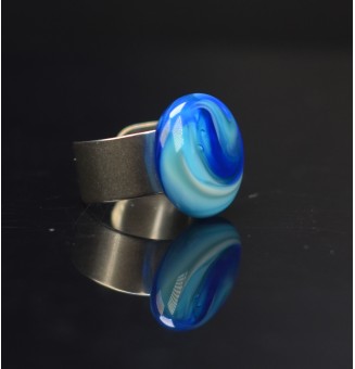 Bague en Verre filé artisanal , BLEU  - en Acier Inoxydable - bijou artisanal