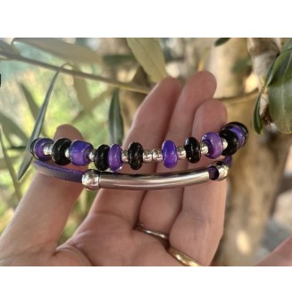 Bracelet ARTISANAL en perles de verre "Violet et noir" CUIR Noir