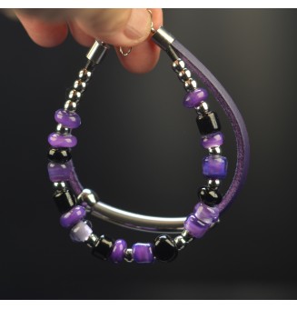 Bracelet ARTISANAL en perles de verre "Violet et noir" CUIR Noir