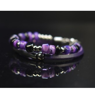 Bracelet ARTISANAL en perles de verre "Violet et noir" CUIR Noir