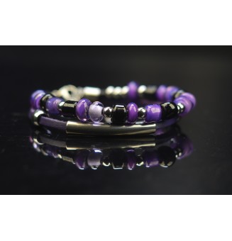 Bracelet ARTISANAL en perles de verre "Violet et noir" CUIR Noir