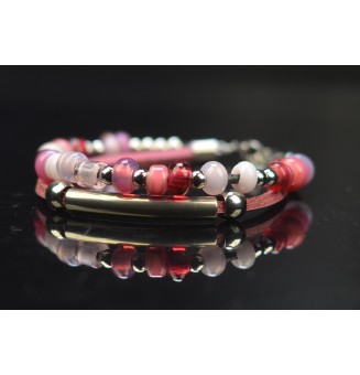 Bracelet ARTISANAL en perles de verre "rose" CUIR Noir