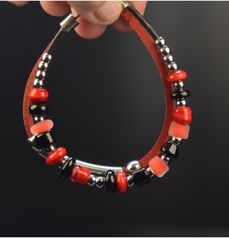 Bracelet ARTISANAL en perles de verre "rouge noir" CUIR Noir