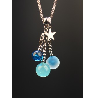 collier 3 perles  BLEU et vert nymphe  en perles de verre filé - acier inoxydable" perles de verre filé au chalumeau