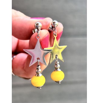 Boucles d’Oreilles Étoile en Verre Filé jaune fluo- Élégance Étoilée par Liloo Créations