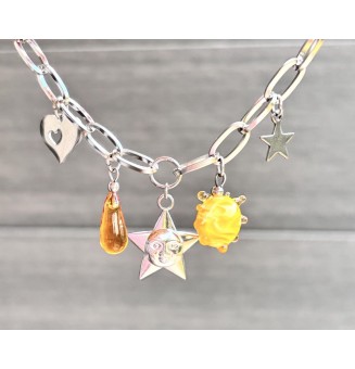 Collier soleil "jaune " en perles de verre et acier inoxydable