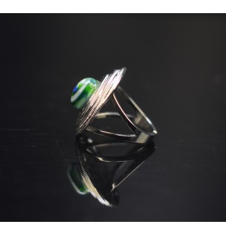 Bague en Verre Filé au Chalumeau "vert BLEU "  - acier INOXYDABLE