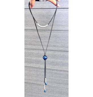 Collier Long Double Rang en Cuir Noir avec Perles de Verre Bleu Pétrole - Nouveau Modèle Liloo Créations