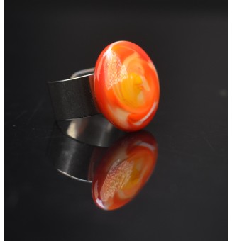 Bague en Verre Filé au Chalumeau "rouge orange jaune"  - acier INOXYDABLE