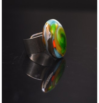 Bague en Verre Filé au Chalumeau "bleu vert"  - acier INOXYDABLE