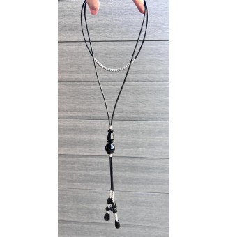 Collier Long Double Rang en Cuir Noir avec Perles de Verre noires - Nouveau Modèle Liloo Créations