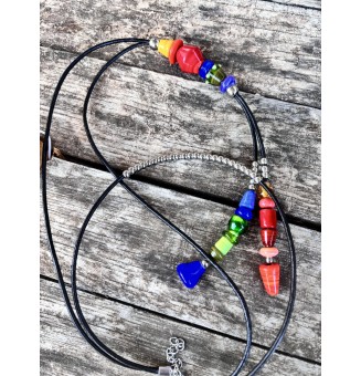 Collier Long Double Rang en Cuir Noir avec Perles de Verre multicolores - Nouveau Modèle Liloo Créations