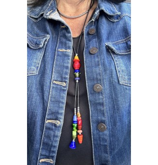 Collier Long Double Rang en Cuir Noir avec Perles de Verre multicolores - Nouveau Modèle Liloo Créations