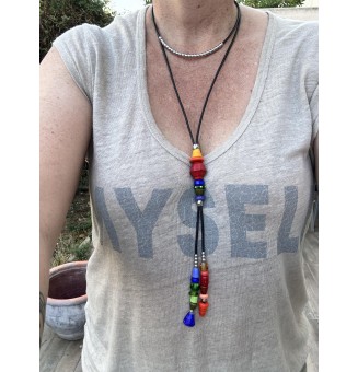 Collier Long Double Rang en Cuir Noir avec Perles de Verre multicolores - Nouveau Modèle Liloo Créations