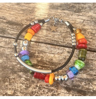 Bracelet ARTISANAL en perles de verre "multicolore" CUIR Noir