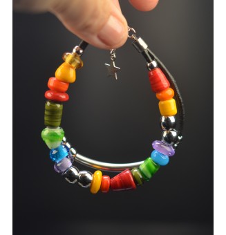 Bracelet ARTISANAL en perles de verre "multicolore" CUIR Noir