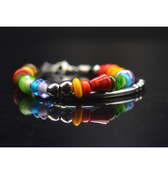 Bracelet ARTISANAL en perles de verre "multicolore" CUIR Noir