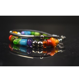 Bracelet ARTISANAL en perles de verre "multicolore" CUIR Noir