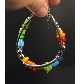 Bracelet ARTISANAL en perles de verre "multicolore" CUIR Noir