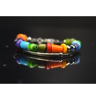 Bracelet ARTISANAL en perles de verre "multicolore" CUIR Noir