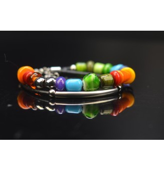 Bracelet ARTISANAL en perles de verre "multicolore" CUIR Noir