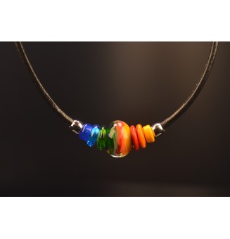 Collier court multicolore en verre filé à la main - Acier inoxydable - cuir -Liloo Créations