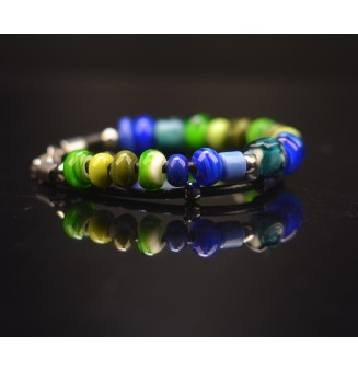 Bracelet ARTISANAL en perles de verre "bleu vert" CUIR Noir