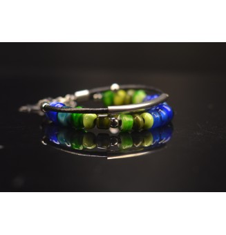 Bracelet ARTISANAL en perles de verre "bleu vert" CUIR Noir