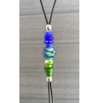 Collier long en Cuir Noir avec Perles de Verre bleu et vert - acier inoxydable