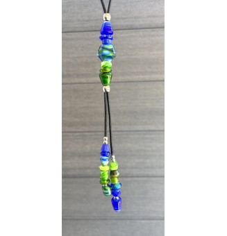 Collier long en Cuir Noir avec Perles de Verre bleu et vert - acier inoxydable