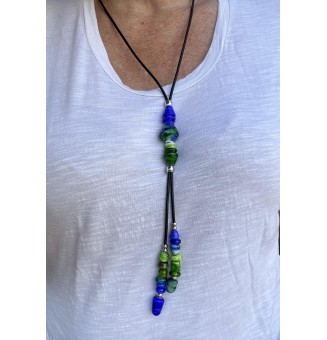 Collier long en Cuir Noir avec Perles de Verre bleu et vert - acier inoxydable