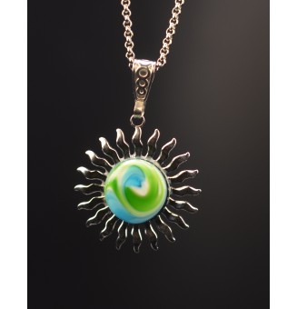 Collier Soleil BLEU VERT en Acier Inoxydable avec Perle de Verre Filé