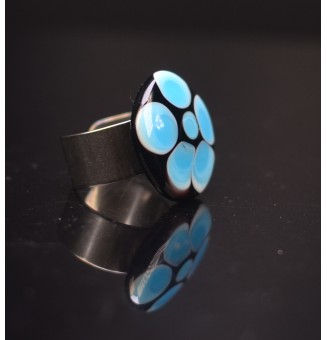 Bague en Verre Filé au Chalumeau turquoise et noir  - acier INOXYDABLE