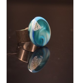 Bague "océan" en Verre Filé au Chalumeau "bleu "  - acier INOXYDABLE