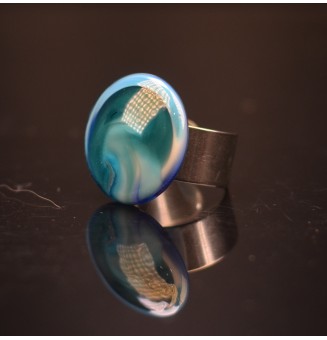 Bague "océan" en Verre Filé au Chalumeau "bleu "  - acier INOXYDABLE